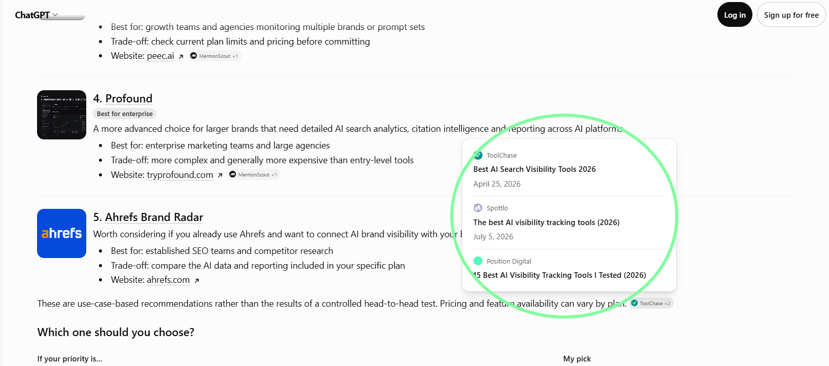 ChatGPT answer for "best AI visibility tool" with its cited sources open